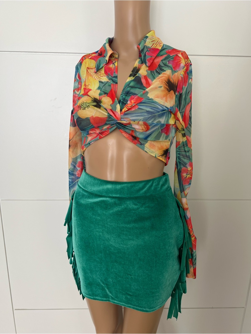 SHEIN Multi-Color Tropical Print Mesh Top and skirt set